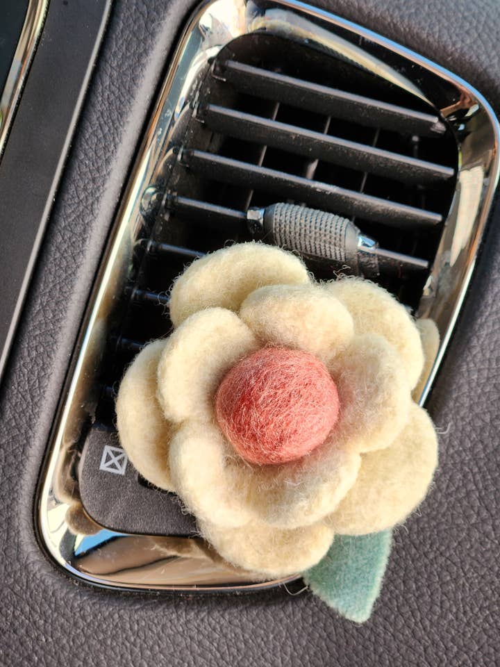 Handmade Felted Flower Car Vent Clip & Diffuser for wholesale by The Felted Dog