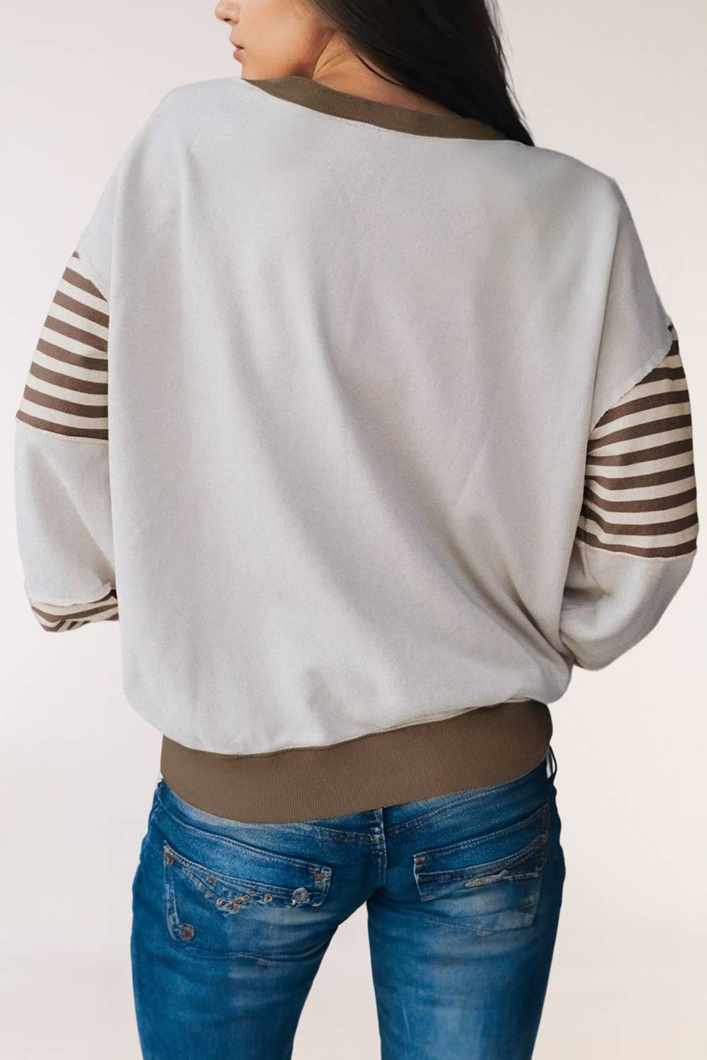 LA Society - Wholesale Sweatshirt - Women's - Striped Colorblock Patchwork Drop Shoulder Sweatshirt5