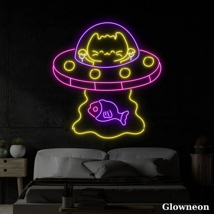 UFO Abduction Fish, decorazione per cameretta dei bambini, decorazione astronauta, cartelli con gatti per la vendita all'ingrosso da parte di Glow Neon