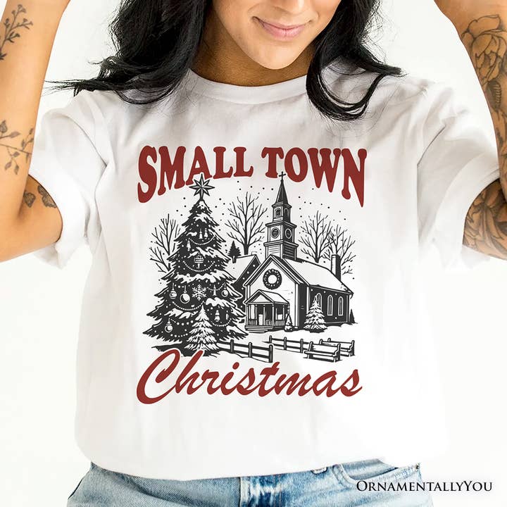 Small Town Christmas Vintage T‑Shirt, Rustic Winter Church for wholesale by OrnamentallyYou