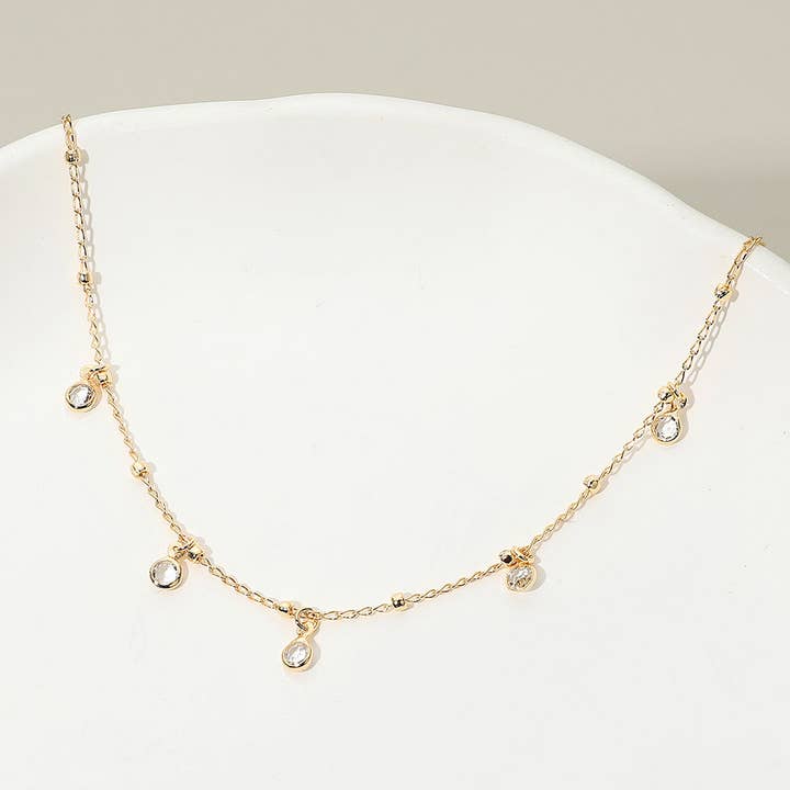18K Gold Filled Crystal Bezel Charm Station Beaded Chain Necklace for wholesale by Sensibling Corp.