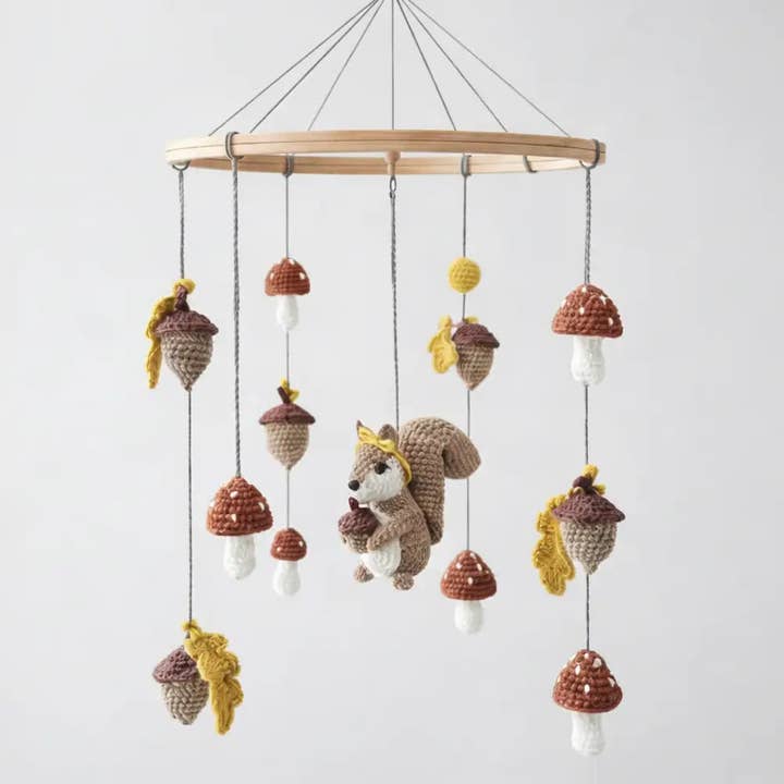Handmade Crochet Squirrel and Nuts Nursery Mobile 🐿️🌰 for wholesale by Joy Gift London