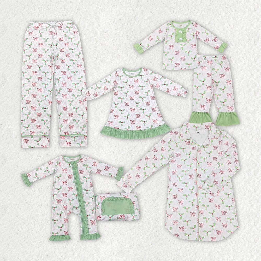 Aier Wholesale - Wholesale Sleepwear Set - Kids - Family Mommy Baby Girls Christmas Bows Holly Pajamas Clothes Sets5