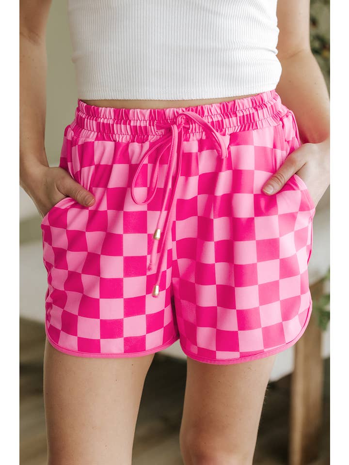 1 the Woman - Wholesale Shorts - Women's - Checkered Drawstring Elastic Waist Casual Shorts