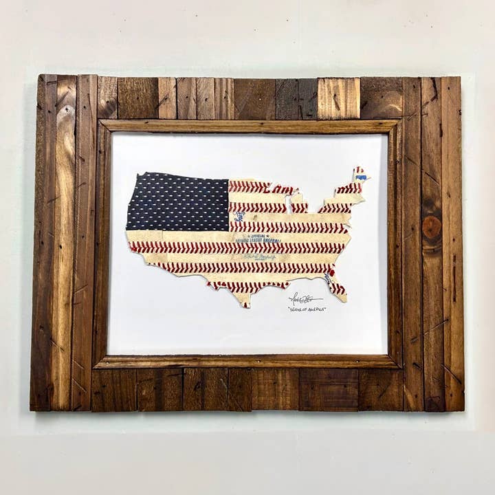 “Seams of America” USA Baseball Original Artwork in 8x10 Sandlot Style Distressed Wood Plank Frame for wholesale by Baseball Seams Co.