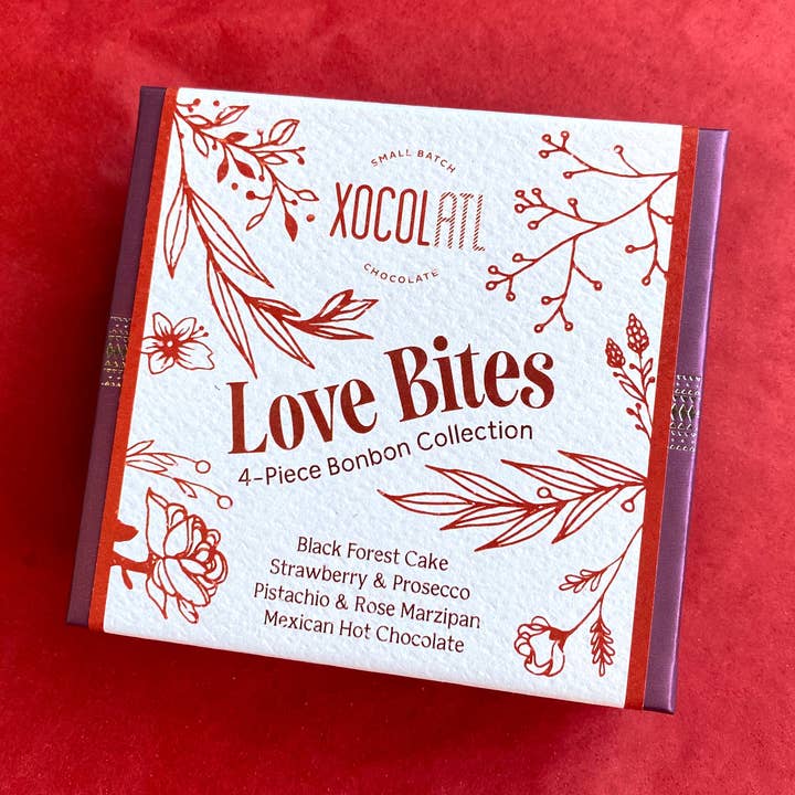 "Love Bites" 4-Piece Valentine's Day Bonbon Box for wholesale by Xocolatl Small Batch Chocolate