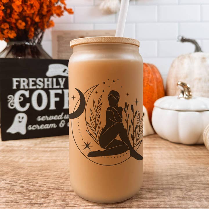 Moon Phases Tumbler – Celestial Glass Cup with Lid & Straw for wholesale by Cataleya Designs Studio LLC