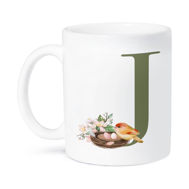 3dRose, Groene Monogram Initiaal J Mooie Bloemen en Vogel, Mok voor wholesale door 3dRose