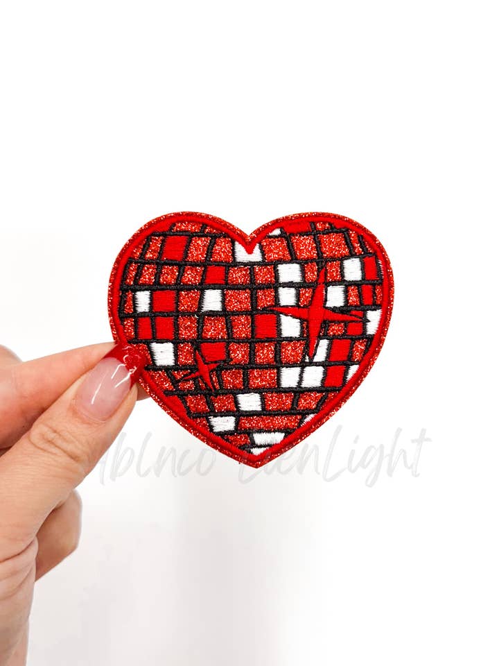 Red Disco Heart Valentines Iron On Patch for wholesale by ABLNco