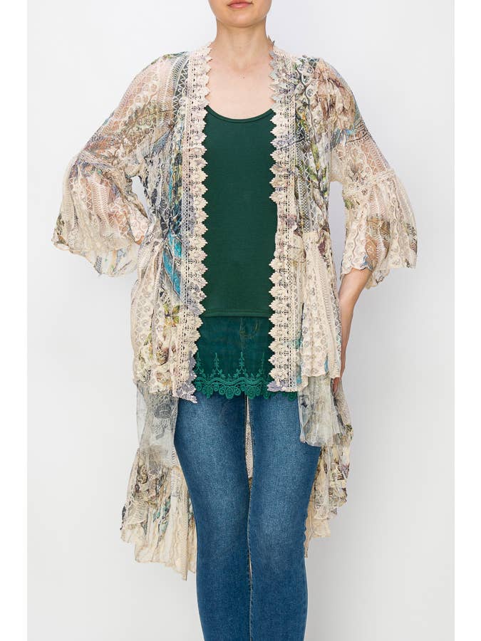 FEA Cardigan Kimono Éthéré en Dentelle à Étages Haut-Bas - 4508 BG/FEA FL en vente sur Faire2