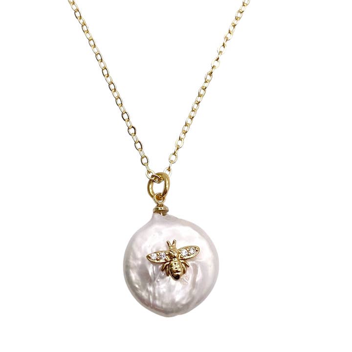 Bee necklace dainty jewelry gold pearl necklace for wholesale by VB&CO Designs Handmade Jewelry