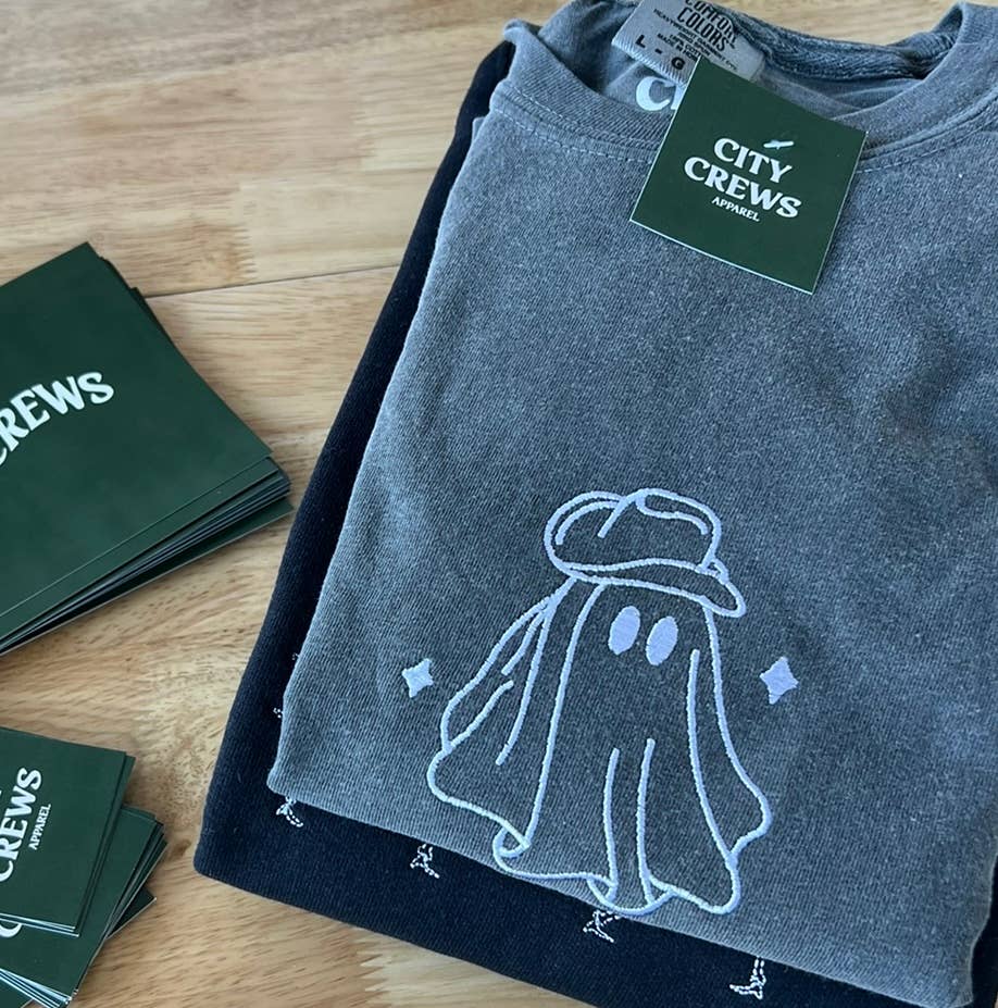 City Crews Apparel - Wholesale T-Shirt - Women's - Cowboy Ghost Tee, Embroidered Ghost Shirt, Fall Tshirt2