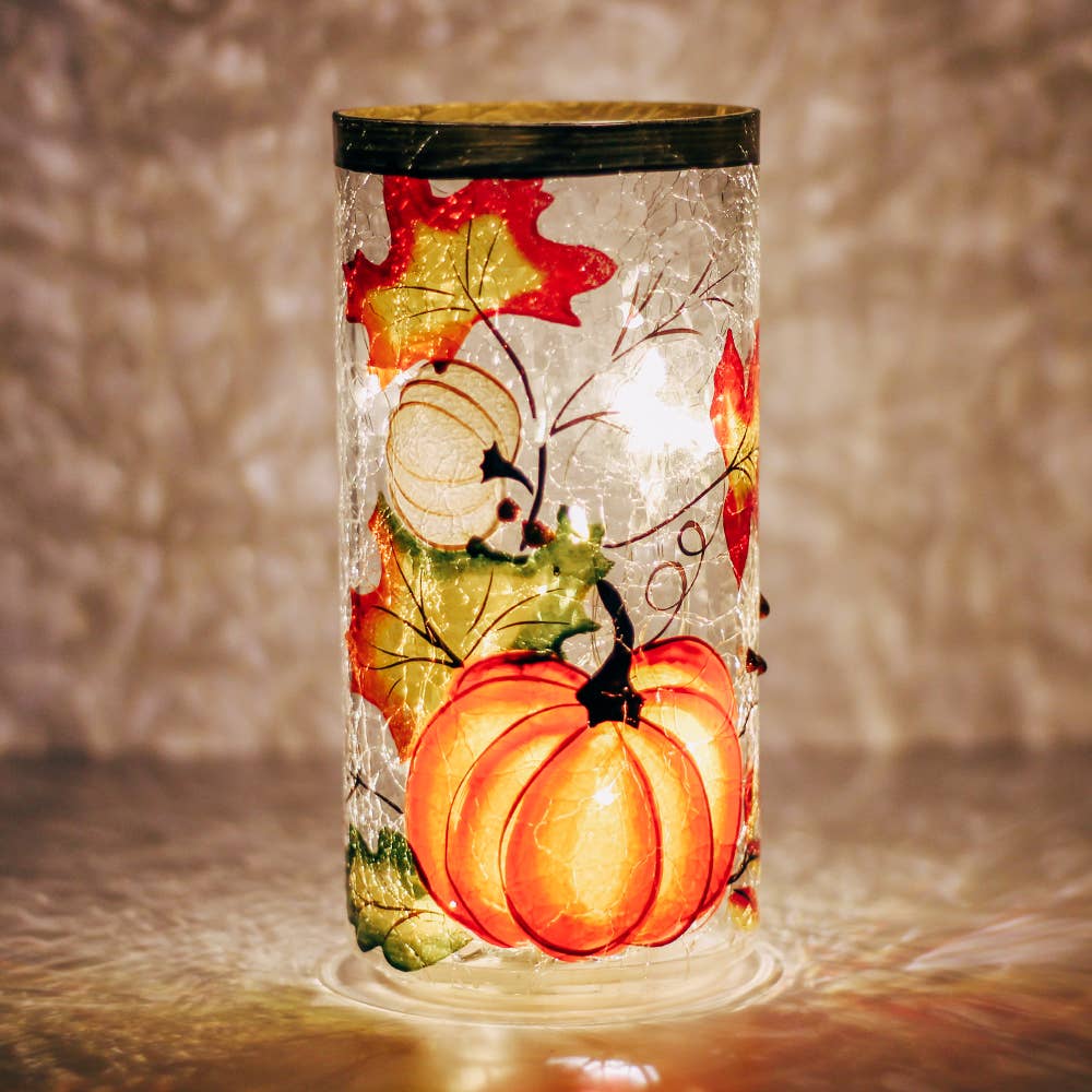 A Cheerful Giver - Wholesale Decorative Tabletop Object - Pumpkins and Leaves Pillar with LED String Lights3