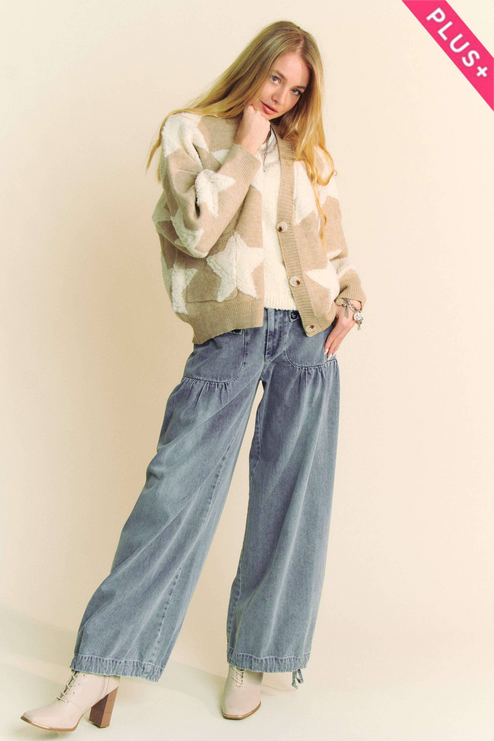 Davi & Dani - Wholesale Cardigan - Women's - PLUS FUZZY STAR LOOSE FIT BUTTON DOWN CARDIGAN12