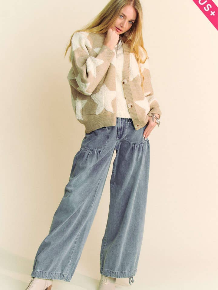 Davi & Dani - Wholesale Cardigan - Women's - PLUS FUZZY STAR LOOSE FIT BUTTON DOWN CARDIGAN12