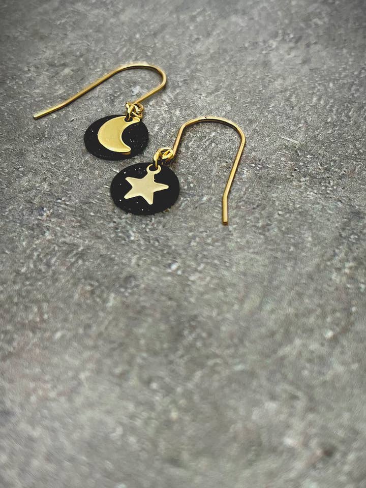 The Shadow Edit - Urania Moon & Star Earrings - Black / Gold for wholesale by Lawless