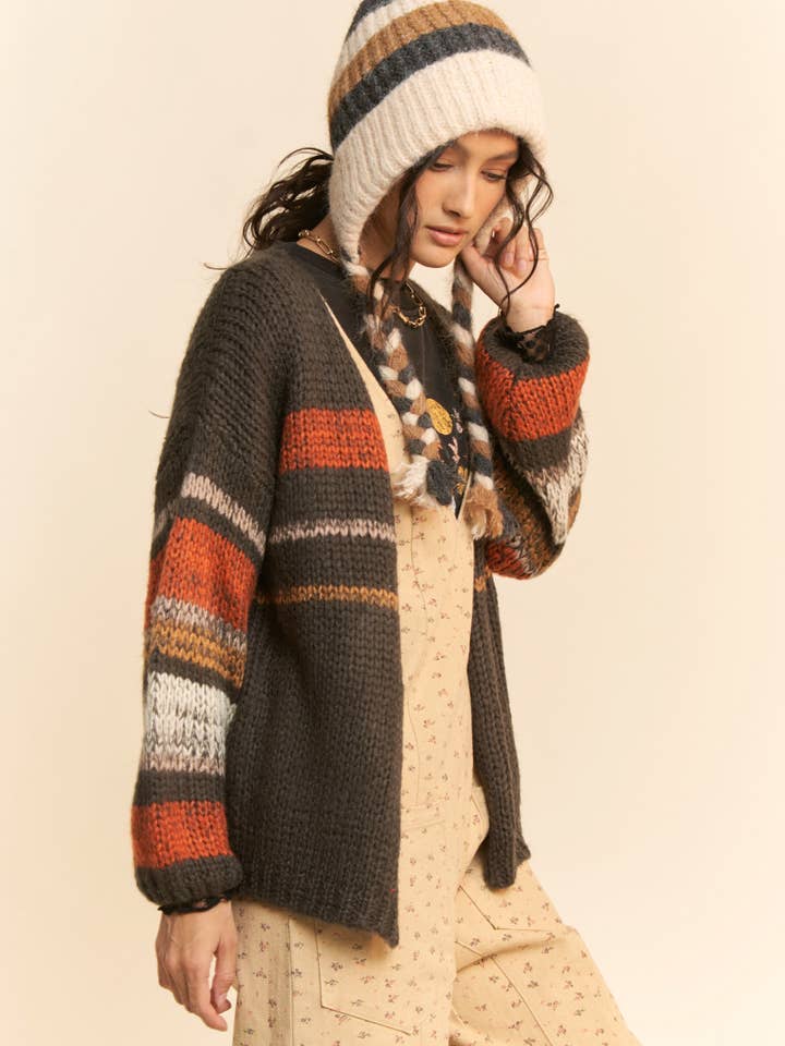 Charcoal Gray MULTI STRIPED DROP SHOULDER SHORT LENGTH CARDIGAN for wholesale on Faire