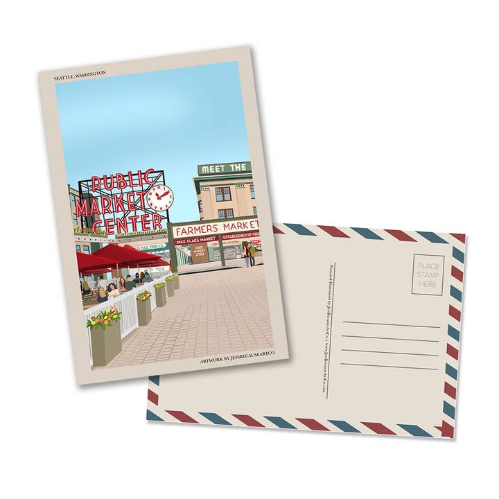 JessBecauseArtCo - Vendita all'ingrosso Cartoline - Pike Place Market: cartolina retrò di Seattle, Washington