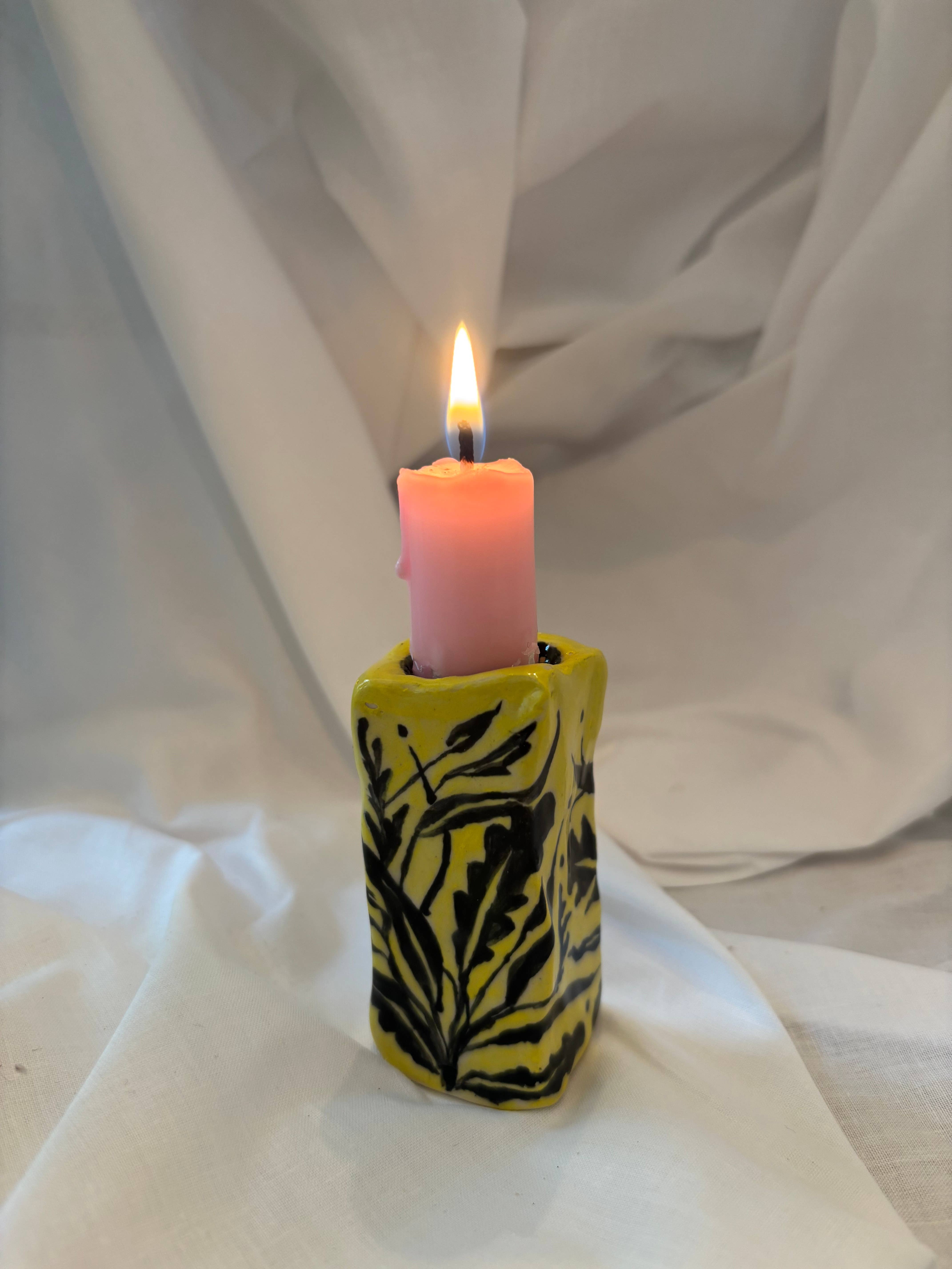 Tomekah George - Wholesale Candle Holder - Black leaves and sun - Candlestick, Ceramic, Candle Holder