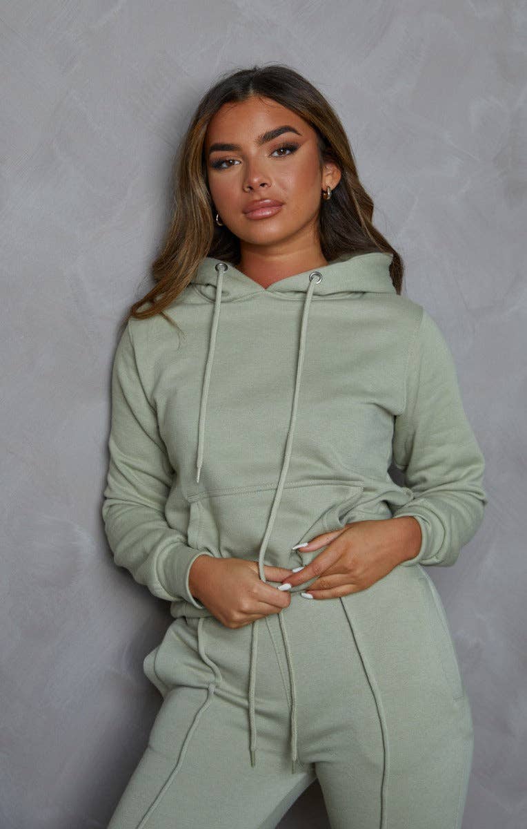 Femme Luxe - Vendita all'ingrosso Completo loungewear - Donna - Completo da casa Sage con cappuccio oversize e cuciture a vita alta con risvolto sul davanti - Martha5