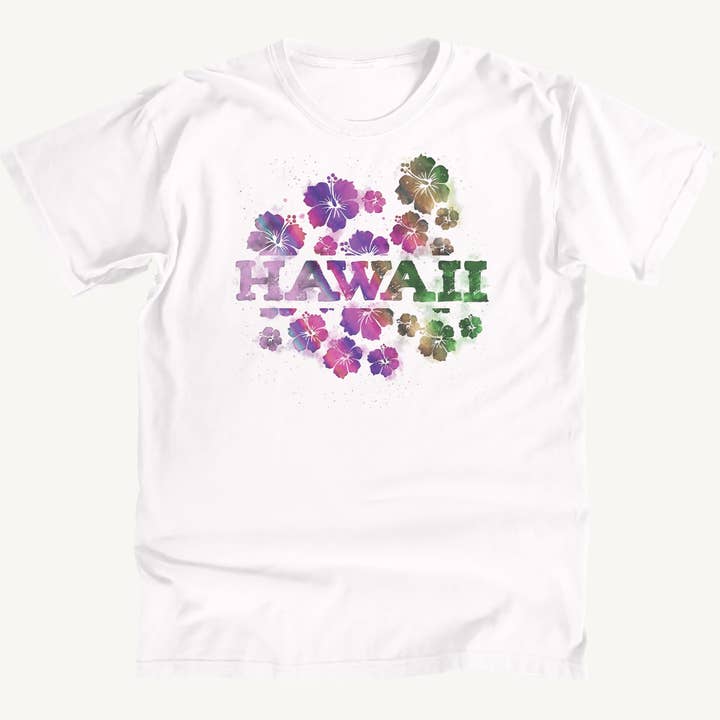 T-shirt premium à motif d'hibiscus aquarelle Hawaii pour la vente par Salt Water Colours
