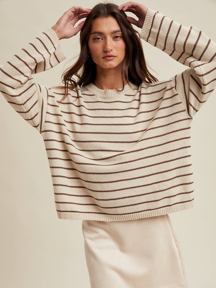 STRIPED DROP SHOULDER SWEATER TOP / WL25-11700 for wholesale by Wishlist Apparel