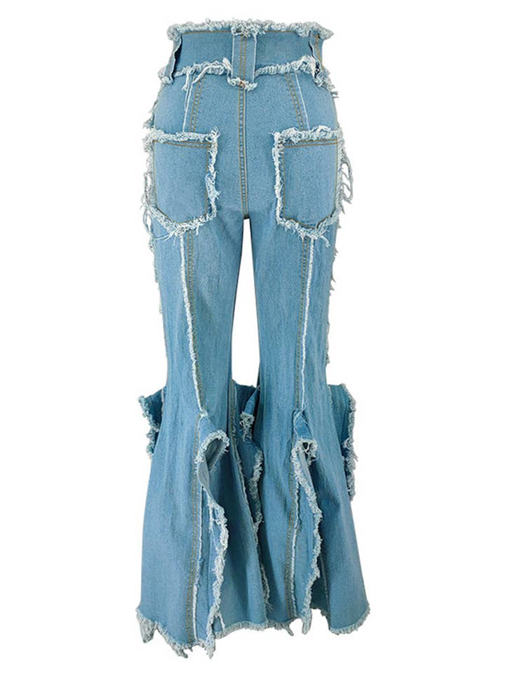 Light Blue Fringe Hem Wide Leg Jeans for wholesale on Faire4