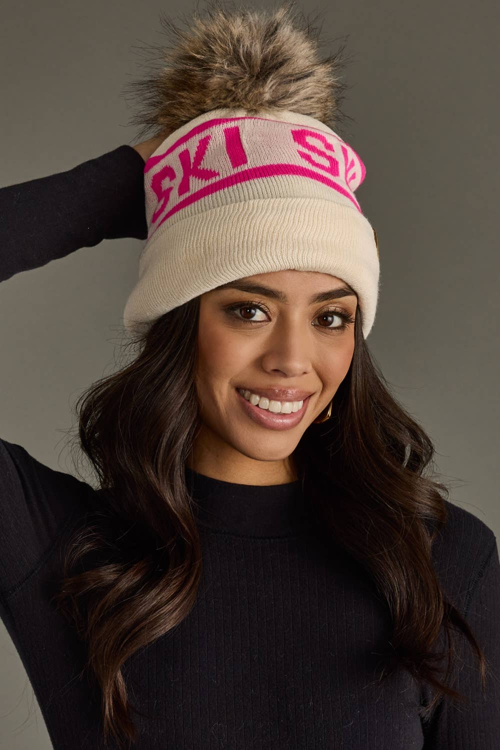Panache Apparel Co. - Wholesale Beanie - Women's - Beige & Pink Ski Pom Hat1