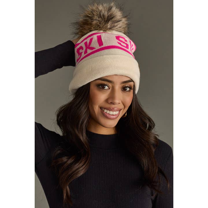 Panache Apparel Co. - Wholesale Beanie - Women's - Beige & Pink Ski Pom Hat1