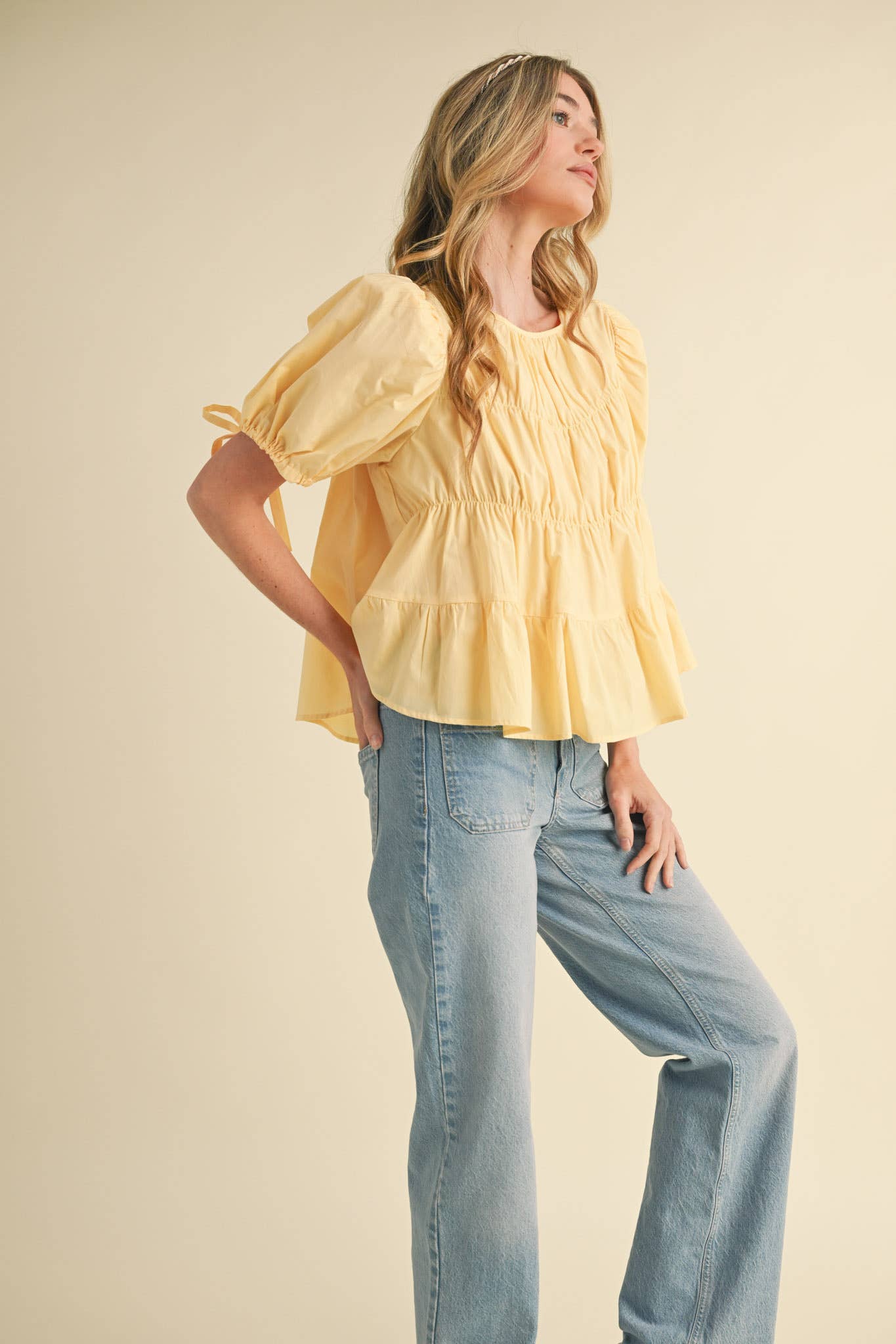 &MERCI - Wholesale Blouse - Women's - TIERED SHIRRING PUFF SLEEVE TOP MTP308133