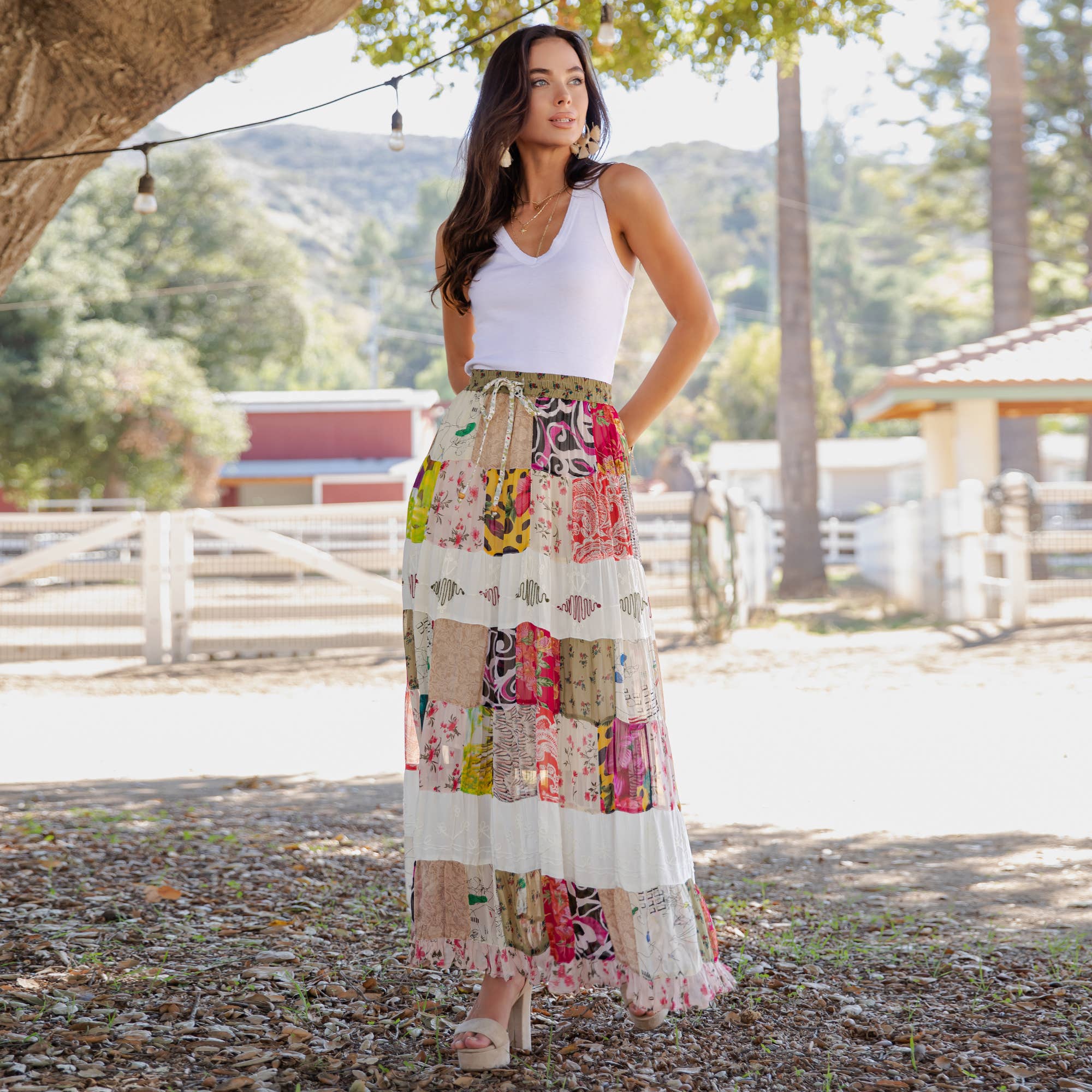 Young Threads - Wholesale Skirt - Women's - Artisan Boho Mixed Print Tiered Patchwork Maxi Skirt (NEW)15