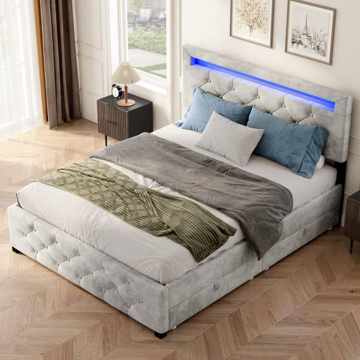 39F Inc. - Wholesale Bed - Queen Size Upholstered Platform Storage Bed Frame with 4 Drawers and LED Light,No Box Spring Needed6
