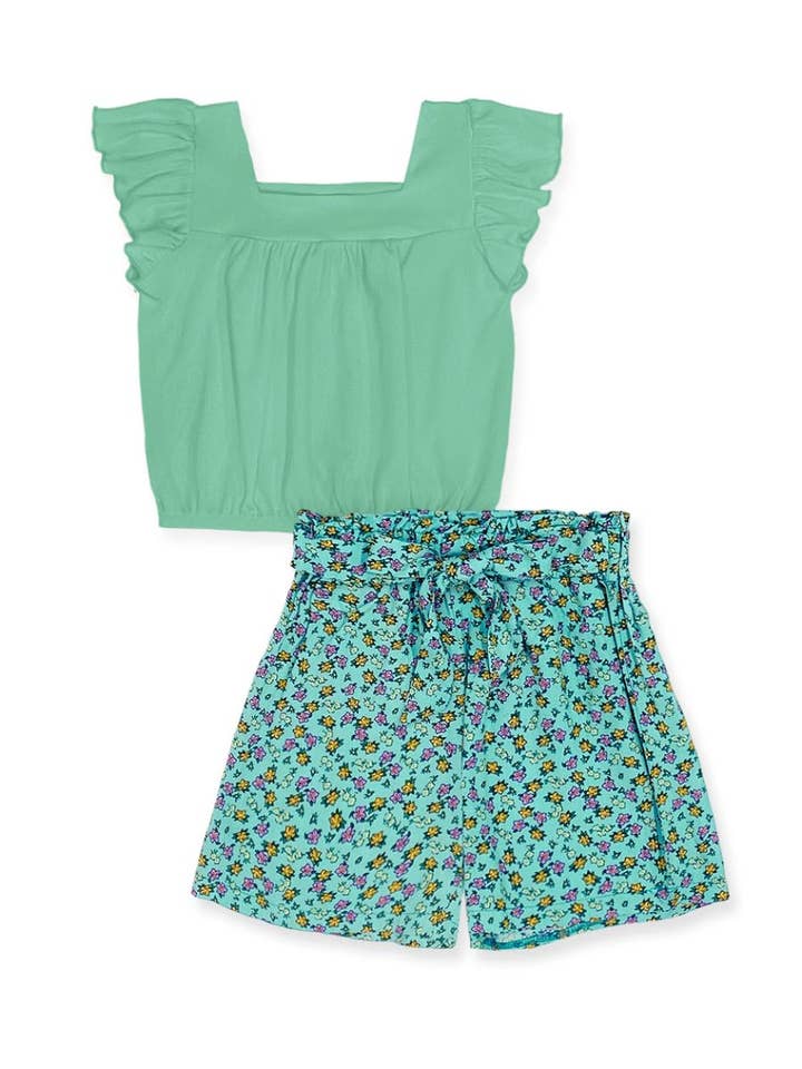 GKSS-3303B-Q203 Girl's 2 pc Floral Short Set w/ Ribbed Top for wholesale on Faire