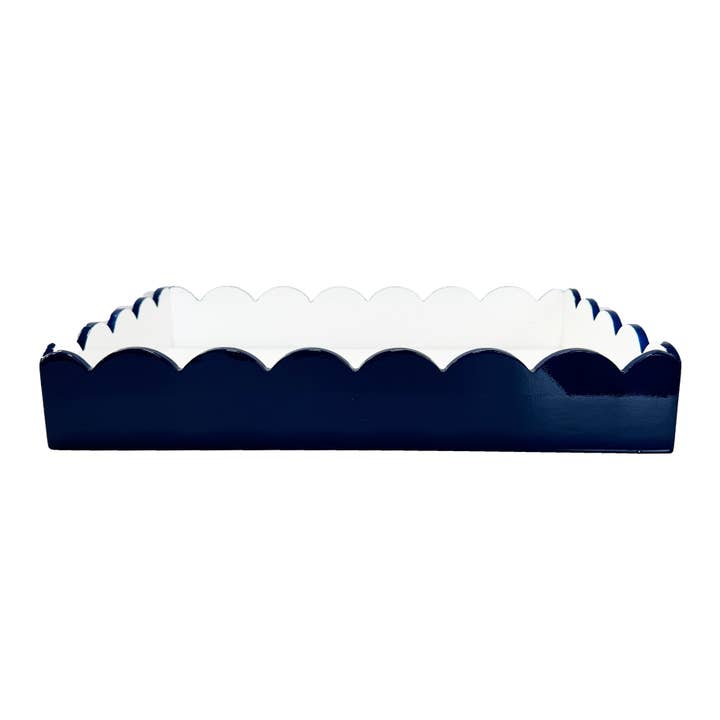 WH Hostess Social Stationery - Wholesale Decorative Tray - WH Lacquer Navy Blue + White Scalloped Lacquer Tray