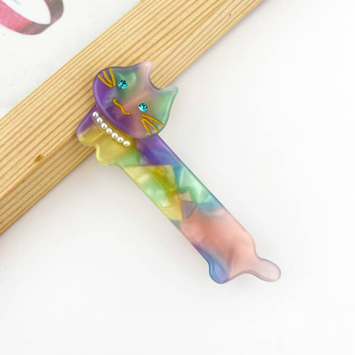 SoapElenGlen - Vente Pince à cheveux – femme - Chat avec pince à bec de canard et collier de perles, pince à cheveux élégante pour chat3