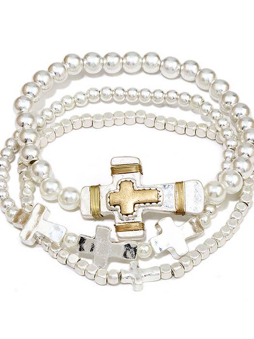 ( G241 ) CROSS AND SEEDBEAD 3 STRETCH BACELET SET for wholesale by Jewelry Max