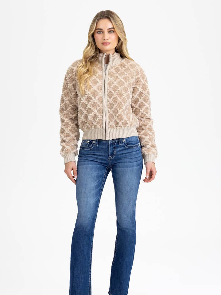 TEXTURED SHERPA BOMBER JACKET - BMJ0056L for wholesale by Miss Me