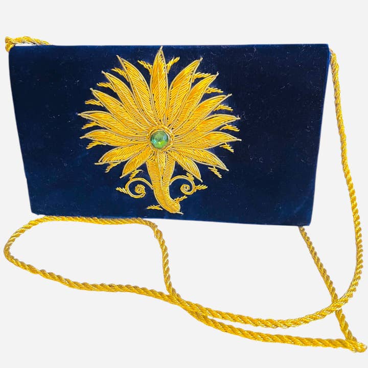 Blue Velvet and Gold Embroidered Handbag from India for wholesale by Sissy Yates Designs