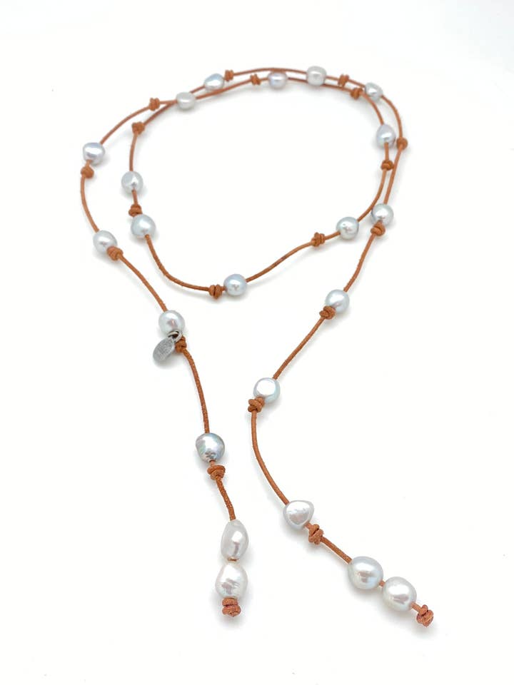 Pearl Lariat - Tan Leather Grey Pearls for wholesale by MdeM Designs
