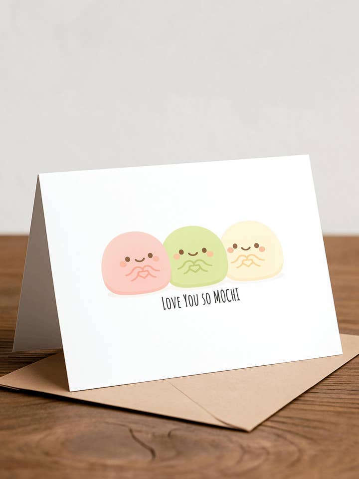 Carte de vœux "Love You So Mochi" : Carte gourmande avec jeu de mots pour la vente par Chewy Lemon Studio