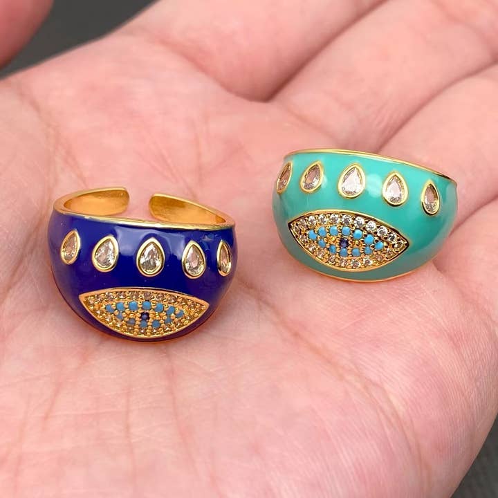 Rhinestone Evil Eye Enamel 18K Gold Plated Ring for wholesale by Mio Queena