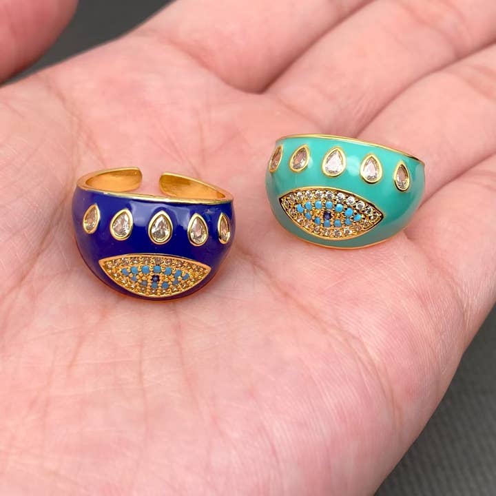 Rhinestone Evil Eye Enamel 18K Gold Plated Ring for wholesale by Mio Queena