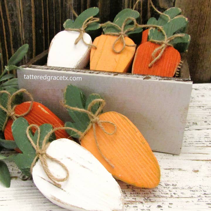Chunky Wood Carrots Easter Tray Decor for wholesale by Tattered Grace