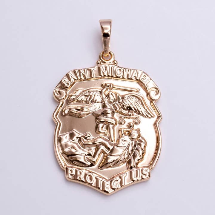 Saint Michael Protect Us Prayer Engraved Double Sided Rosey Gold Medallion Pendant | AA396 for wholesale by Aim Eternal