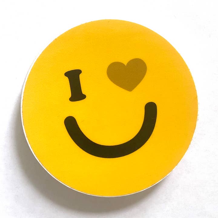 I Heart You Yellow Smiley 3" Round Sticker for wholesale by RAD Stickers + Doodads