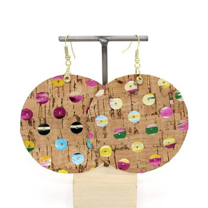 2" Round Earring in Sequin Cork for wholesale by Spicer Bags