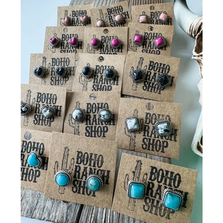 Boho Ranch Shop - Wholesale Stud/Post Earrings - Western Mini Stone Stud Earrings - Heart Square Circle Bar9