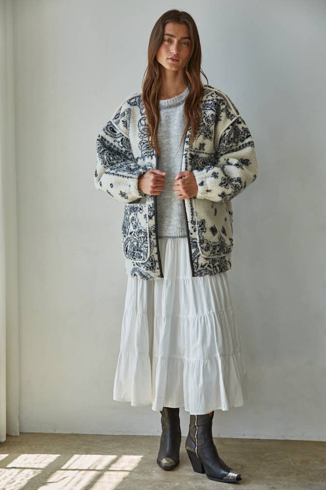 Ivory Black L8607 | Woven Polyester Fleece Sherpa Paisley Print Jacket  for wholesale on Faire2