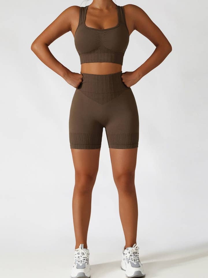 Active by Anna-Kaci – wholesale Activewear set – Women′s – Racerback Sports Bra & Sculpting High Waist Shorts Set