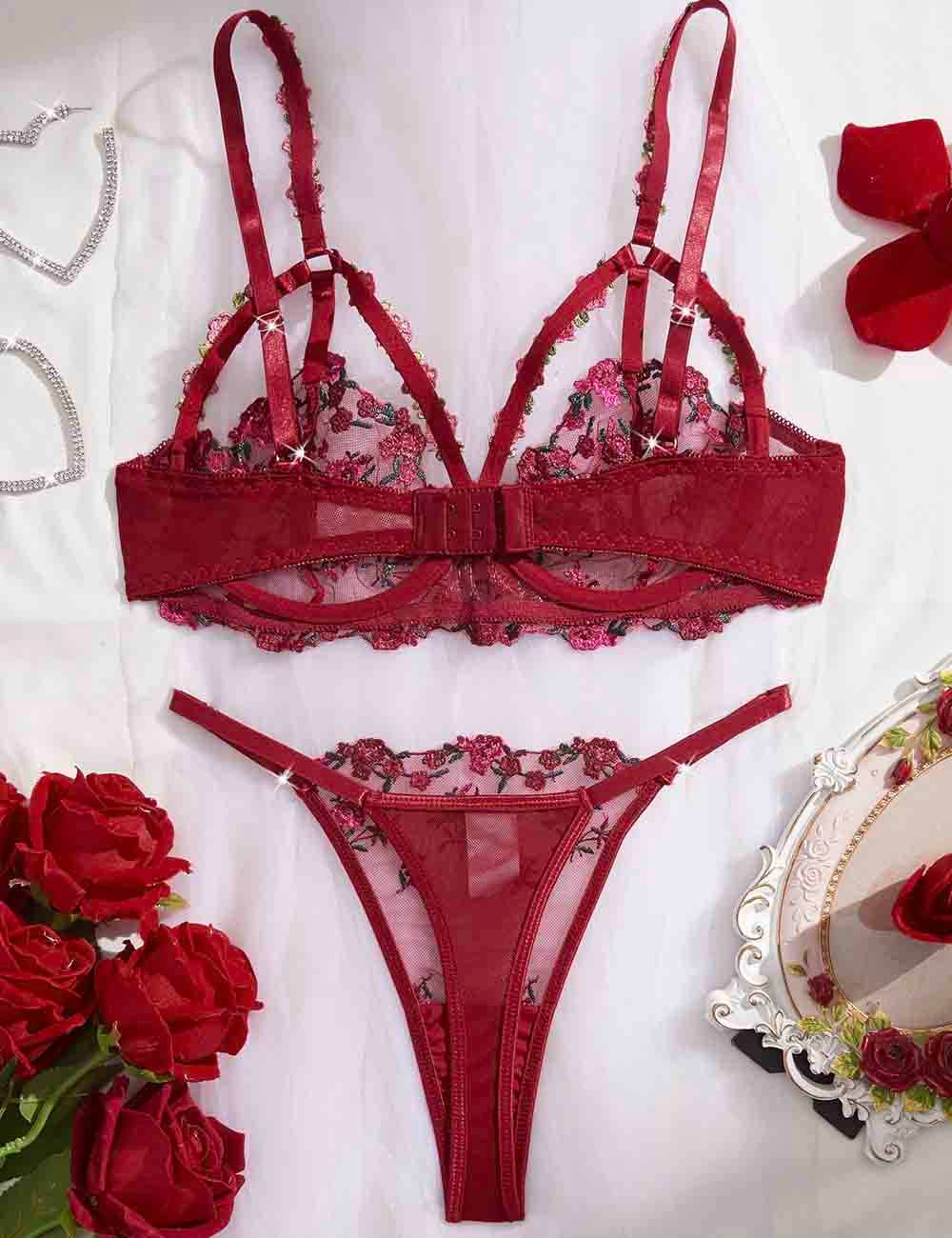 Wine Ladies Floral Embroidery See Through 2PCS Lingerie Set XX0226 for wholesale on Faire1